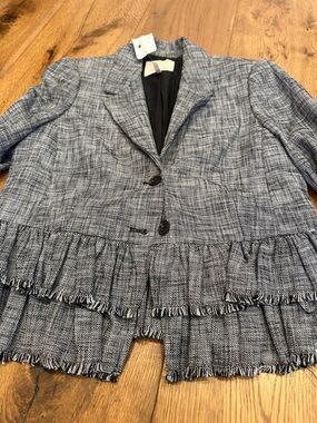 Rebecca Taylor Blue-Gray Tweed Ruffle-Hem Blazer